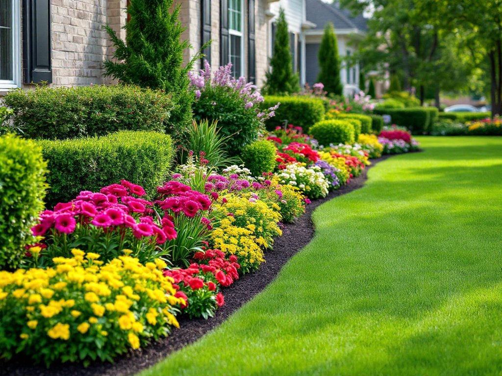 Beautiful residential landscaping with flowers and a green lawn